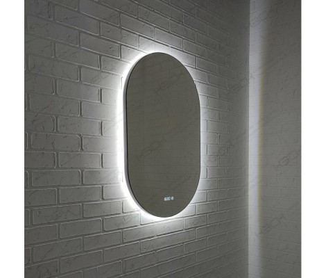 Зеркало 500х800 овальное LED подсветкой 6500К 9,6 Вт/м с сенсор.выкл.и часы в черн алюм проф КЗСК