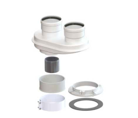 Разделительный адаптер дымохода двухканальный 60/100 на систему 80/80 с фланцем
