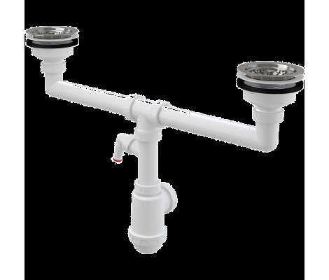 Сифон для сдвоенной мойки с нержавеющими решетками d115 и подводкой ALKAPLAST